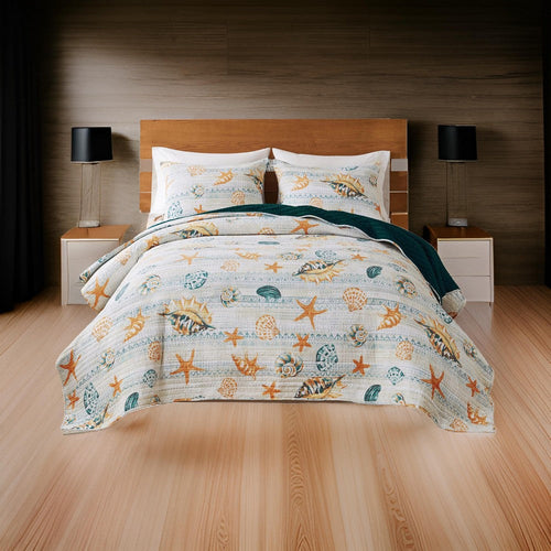 Carie 2pc XL Twin Quilt Set, Coastal Seashells, Blue Cotton Microfiber By Casagear Home