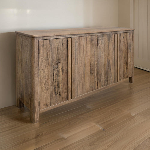 Gena 73 Inch Sideboard Buffet Console, 4 Doors, Brown Solid Mango Wood By Casagear Home