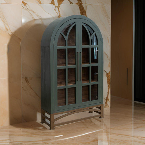 Oby 75 Inch Accent Cabinet, Arched Glass Door, Bronze Metal Base, Green By Casagear Home