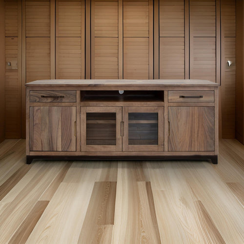 Umey 80 Inch TV Media Console, Open Center Shelf, 2 Doors, Brown Solid Wood By Casagear Home