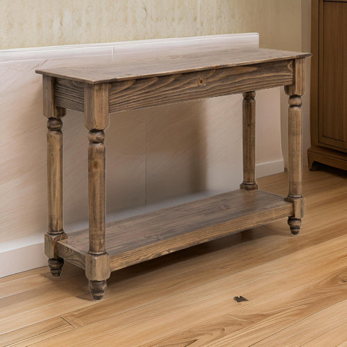 Ify Sofa Table with Shelf, 49 Inch Rectangular Top, Brown Solid Pine Wood By Casagear Home