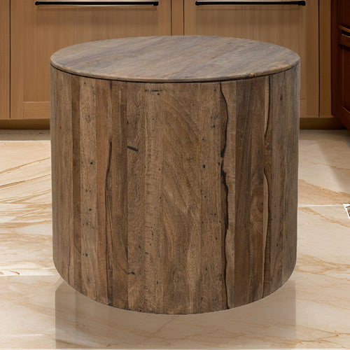 Eray Side End Table, 26 Inch Round Drum Top, Brown Solid Mango Wood By Casagear Home