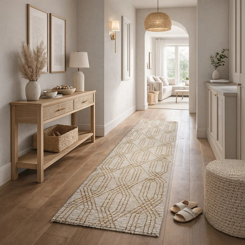 Figo 3 x 8 Hallway Runner Rug, Handwoven Diamond Lattice, Natural Ivory By Casagear Home