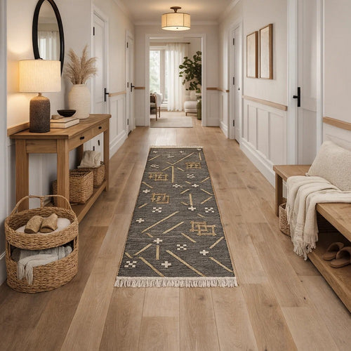 Hona 3 x 8 Hallway Runner Rug, Handwoven Traditional Tassels, Khaki Wool By Casagear Home