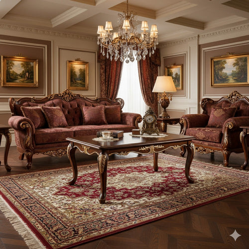 Saili Coffee Table, Gold Carvings, 48 Inch, Cabriole, Tobacco Brown Wood By Casagear Home