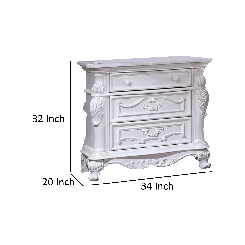 Venta Nightstand with 3 Drawers 34 Inch Carved Details White Solid Wood By Casagear Home BM319848