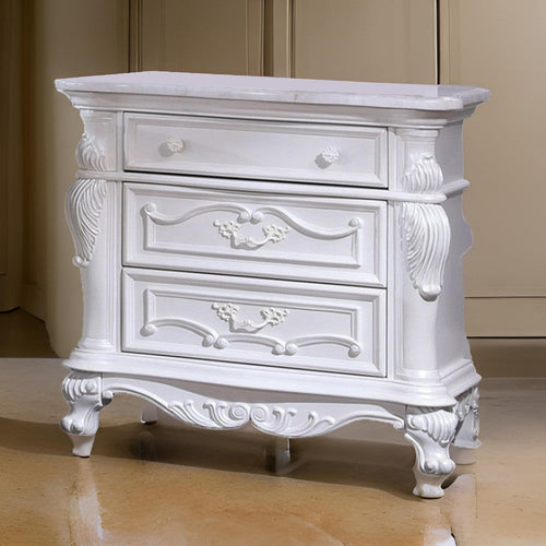 Venta Nightstand with 3 Drawers, 34 Inch, Carved Details, White Solid Wood By Casagear Home
