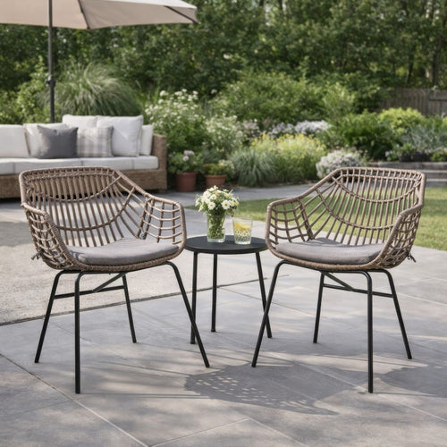 Niya Patio Chair Set of 2, Black Steel, Gray, Brown Outdoor Rattan Wicker By Casagear Home