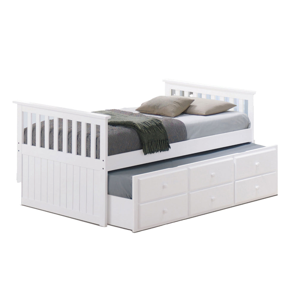 Clen Twin Captain Bed, Trundle with 3 Drawer Storage, White Solid Hardwood By Casagear Home