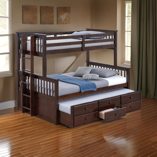 Veran Twin Over Full Bunk Bed, Trundle and 3 Drawers, Dark Brown Solid Wood By Casagear Home