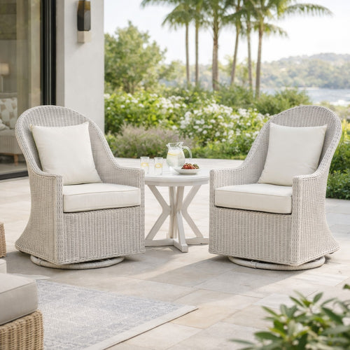 Tomo Outdoor Swivel Chair, Wingback Design, White Fabric, Wicker Rattan By Casagear Home