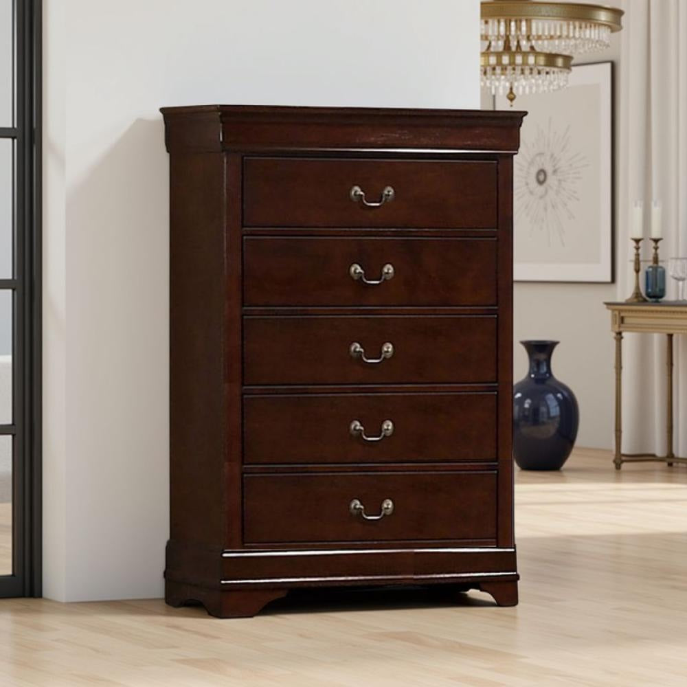 Ryla Tall Dresser Chest, 5 Drawers, Metal Handles, Cherry Brown Solid Ryla Tall Dresser Chest, 5 Drawers, Metal Handles, Cherry Brown Solid