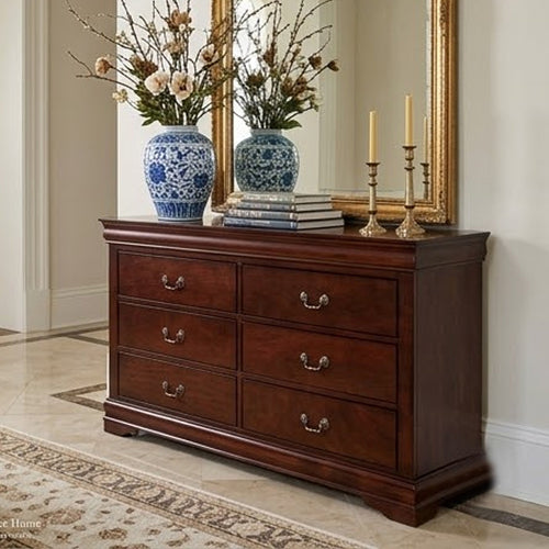 Ryla Wide Dresser, 6 Drawers, Bronze Metal Handles, Cherry Brown Solid Wood By Casagear Home
