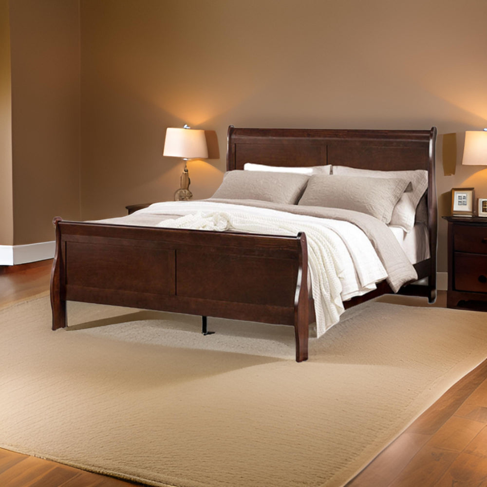 Ryla Queen Size Bed, Sleigh Panel Headboard, Dark Cherry Brown Solid Wood By Casagear Home