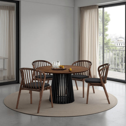 Dyan Dining Table, 47 Inch Round Walnut Brown Top, Slatted Black Open Base By Casagear Home