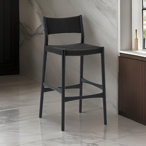 Rie Counter Stool Chair, Danish Inspired Panel Back, Black Woven Paper Cord By Casagear Home