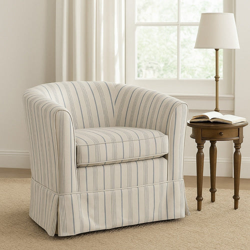 Accent Swivel Chair, Modern Round Barrel Back, Soft White Gray Fabric By Casagear Home