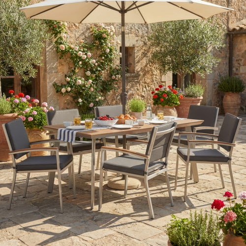 Outdoor Dining Table, 63 Inch Brown Eucalyptus Wood Top, Silver Metal Legs By Casagear Home