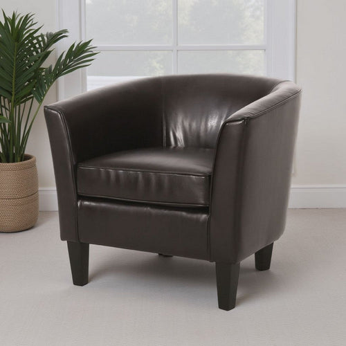 Accent Club Chair, Curved Round Back, Birch Wood, Rich Brown Faux Leather By Casagear Home