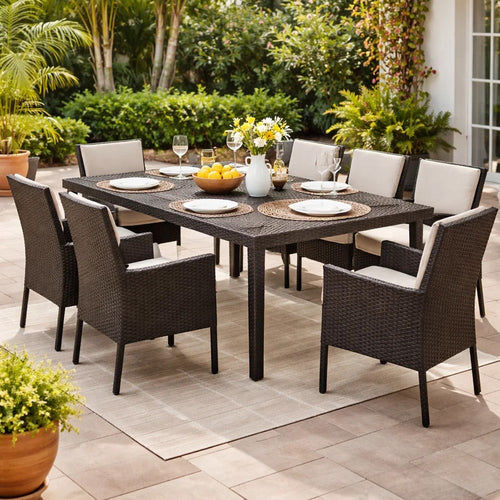 Nona Outdoor Dining Table, 64 Inch Square Top, Brown Rattan Wood, Iron By Casagear Home