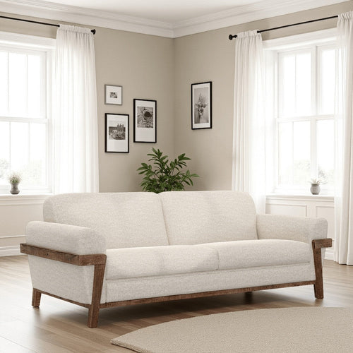 Pola Sofa, Beige Polyester, Foam Cushions, Solid Pine Wood Frame, 95 Inch By Casagear Home