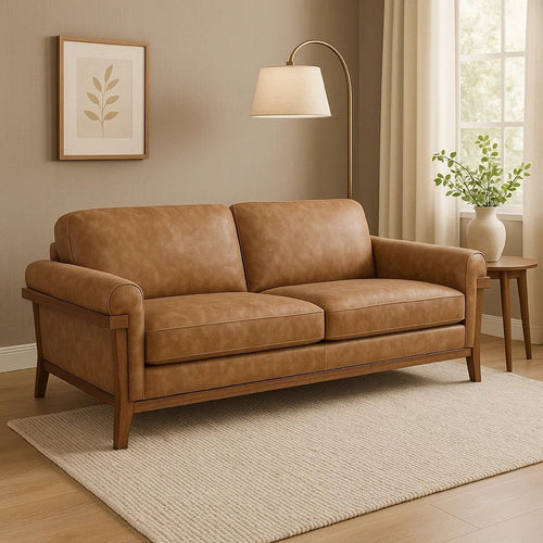 Pola Sofa, Cognac Brown Faux Leather, Foam, Solid Pine Wood, 95 Inch By Casagear Home