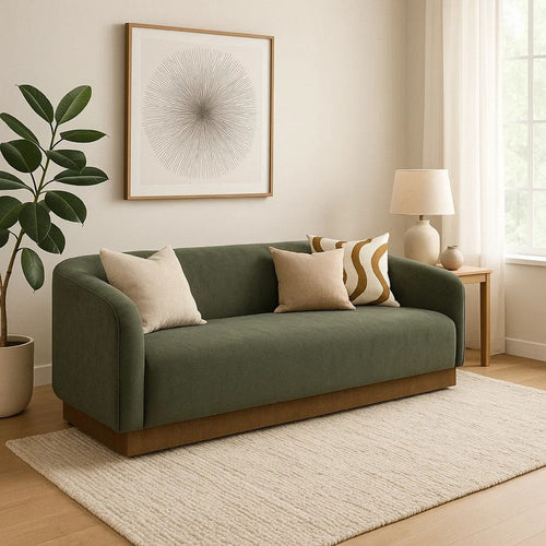 Ino Sofa, Olive Green Polyester, Foam Cushions, Solid Pine Wood, 88 Inch By Casagear Home