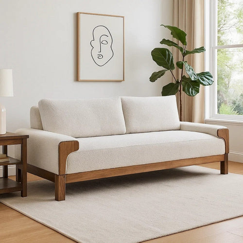 Caisy Sofa, Ivory Polyester, Foam Cushions, Solid Pine Wood Frame, 93 Inch By Casagear Home