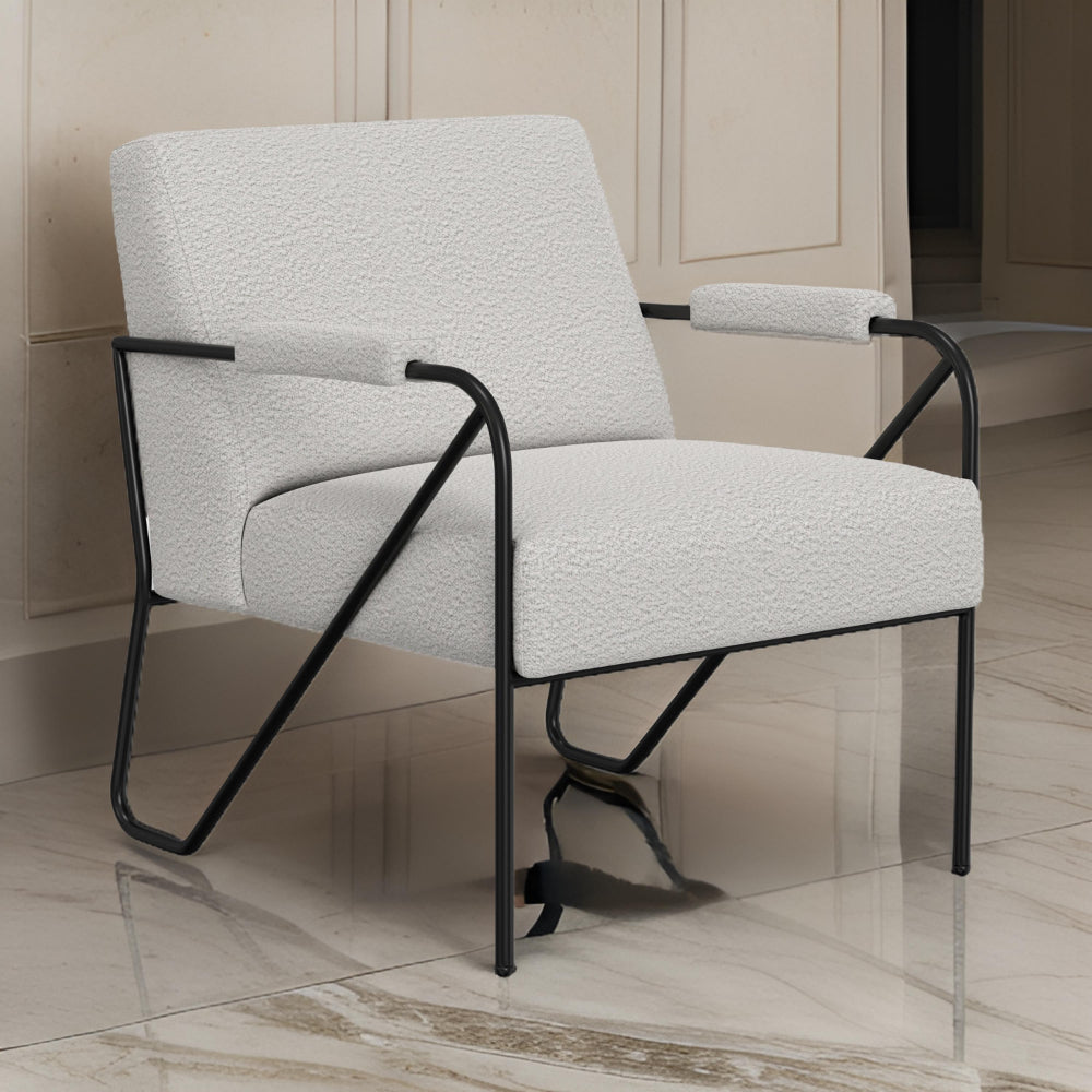 Levy Accent Chair, Ivory Polyester, Soft Plush Foam, Black Metal Legs, Arms By Casagear Home