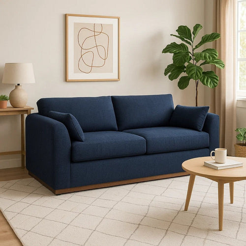 Sian Sofa, Navy Blue Polyester, 2 Throw Pillows, Solid Pine Wood, 90 Inch By Casagear Home