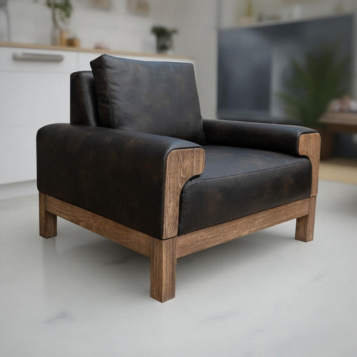 Caisy Accent Chair, Black Faux Leather, Caramel Solid Wood Frame By Casagear Home