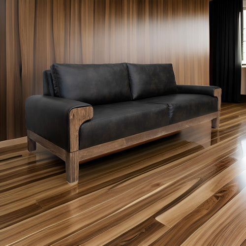 Caisy Loveseat, Black Faux Leather, Caramel Solid Wood Frame, 69 Inch By Casagear Home