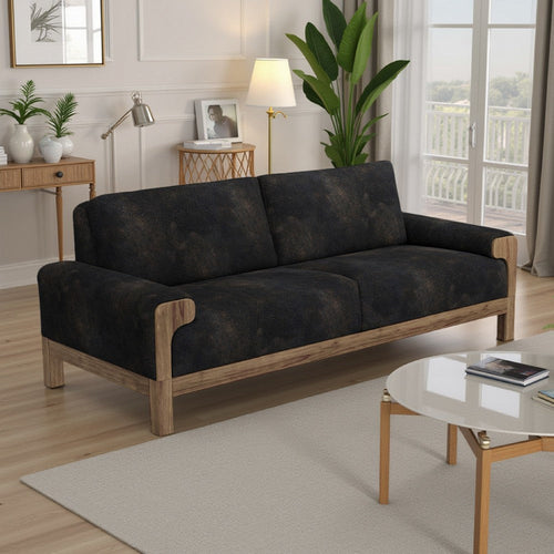 Caisy Sofa, Black Faux Leather, Caramel Solid Wood Frame, 93 Inch By Casagear Home