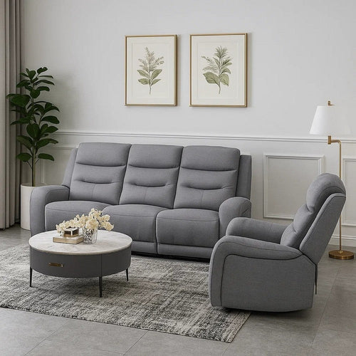 Clair 2 Piece Manual Reclining Sofa and Loveseat, Solid Wood, Gray Fabric By Casagear Home
