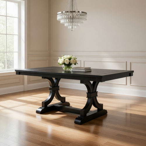 Luke Dining Table, 79 Inch Rectangular Top, Trestle Base, Black Wood By Casagear Home