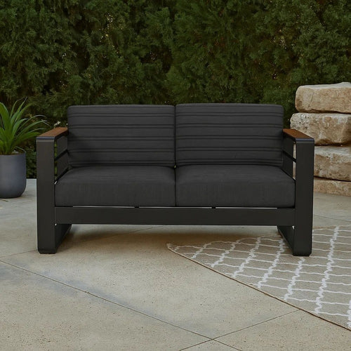 Vinia Loveseat, Outdoor Dark Gray Polyester, Wood Accents, Black, 57 Inch By Casagear Home