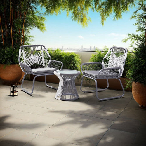 Ciao 3 Piece Outdoor Set, 2 Chairs, 1 Table, Gray Woven Rope and Steel By Casagear Home