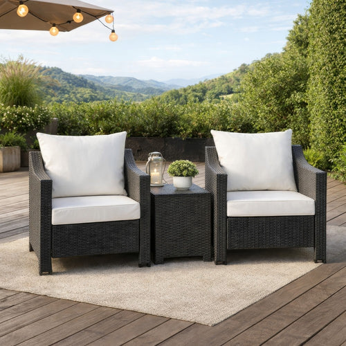 Annie Outdoor Armchair Set of 2, White Fabric, Gray PE Rattan Wicker, Iron By Casagear Home