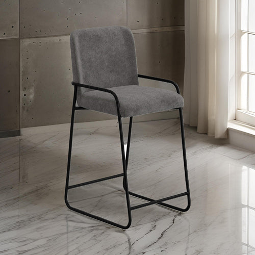Suze Barstool Chair with Arched Back, Black Iron Frame, Gray Polyester By Casagear Home