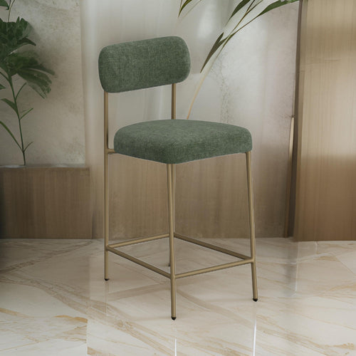 Iffa Barstool Chair, Open Back, Black Iron Gold, Olive Green Polyester By Casagear Home