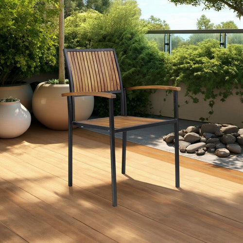 Side Dining Chair Set of 2, Outdoor Slatted Brown Acacia Wood, Black Iron By Casagear Home