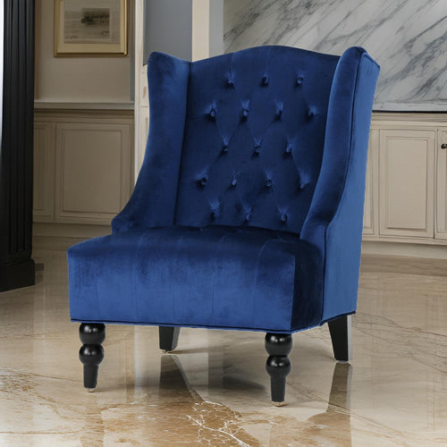 Todd Accent Chair, Navy Blue Button Tufted Velvet, Classic Wingback Design By Casagear Home