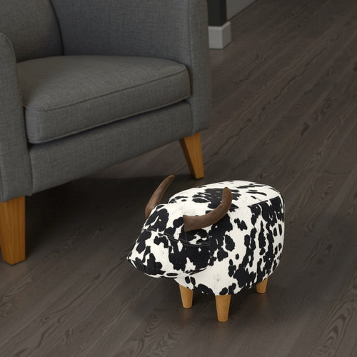 Massy Cow Kids Ottoman 25 Inches, Black, White Velvet, Light Brown Horn By Casagear Home