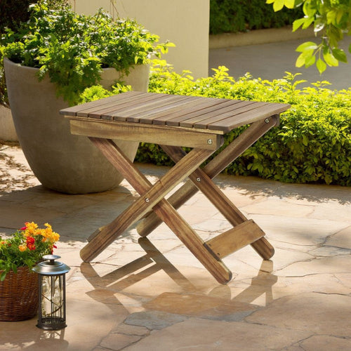 Kyre Outdoor Side Table, Foldable Slatted 23 Inch, Brown Acacia Wood By Casagear Home