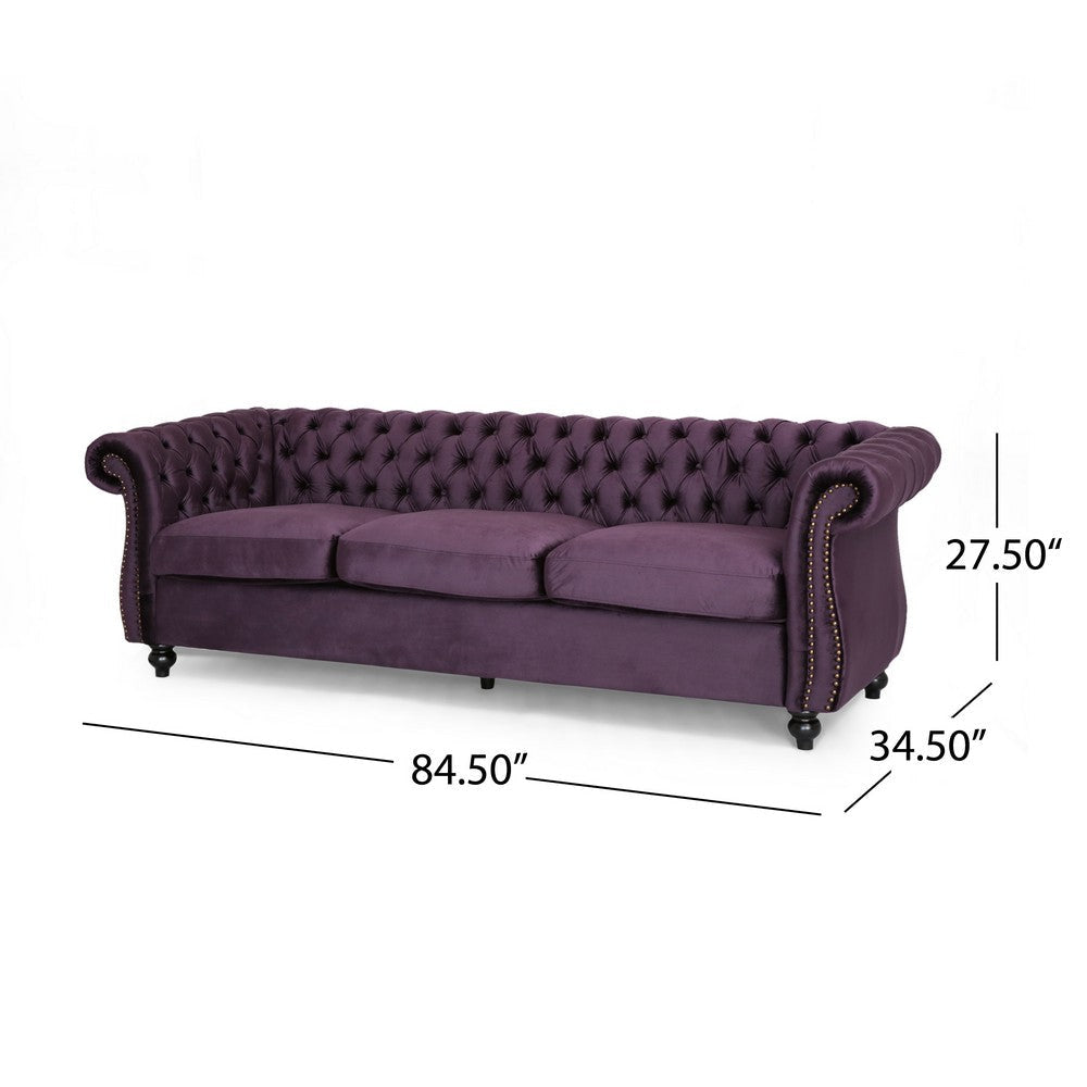 Feji Sofa 85 Inch Button Tufted Nailhead Trim Blackberry Purple Velvet By Casagear Home