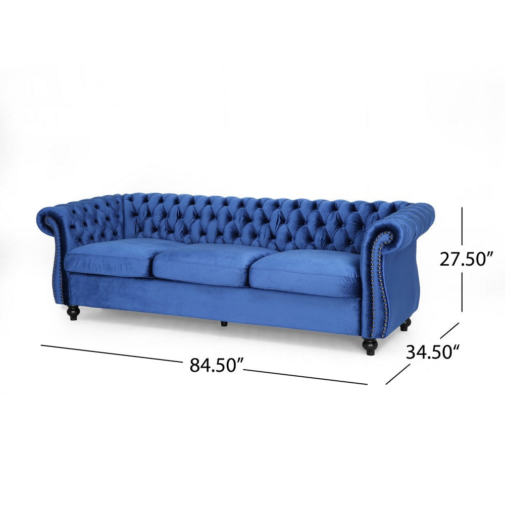 Feji Sofa 85 Inch Nailhead Trim Classic Button Tufted Navy Blue Velvet By Casagear Home