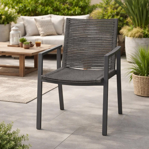 Teny Outdoor Dining Chair Set of 2, Dark Gray Metal. Woven Rope Seat Back