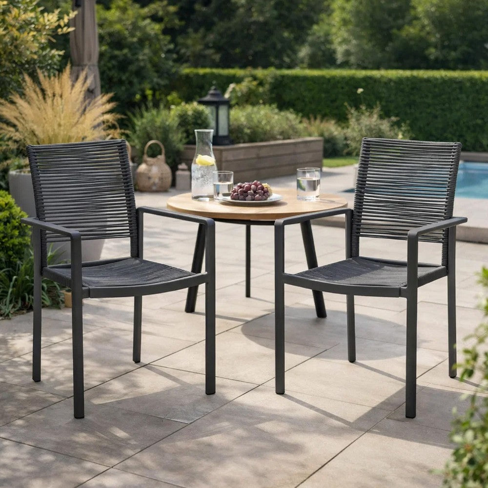 Teny Outdoor Dining Chair Set of 2, Open Back, Woven Rope, Dark Gray Metal