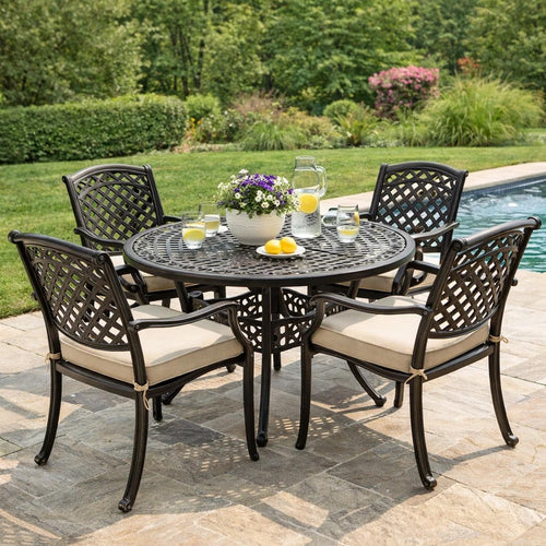 Roch Outdoor Dining Table, 46-61 Inch Expandable, Metal Hammered Bronze