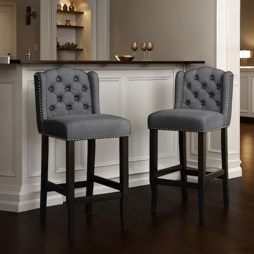 Seliva Barstool Chair Set of 2, Charcoal Gray, Tufted Back, Black Wood